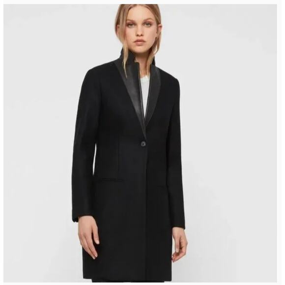 AllSaints Leni Wool Leather Coat 6 Black Peacoat All Saints Jacket Minimalist - Picture 1 of 6